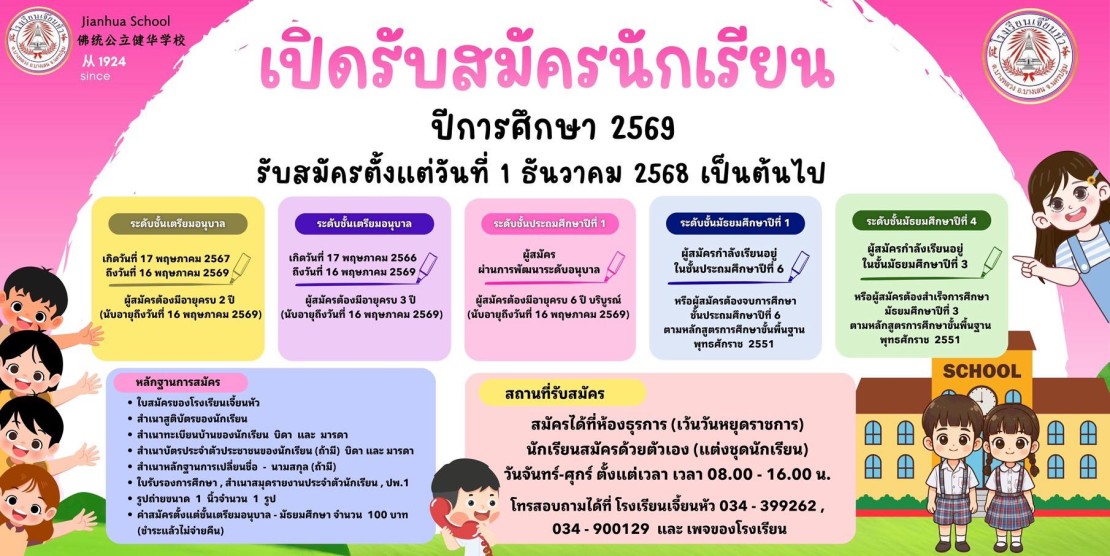 ประชาสัมพันธ์ เรื่อง กำหนดการรับสมัครนักเรียน ปีการศึกษา 2569